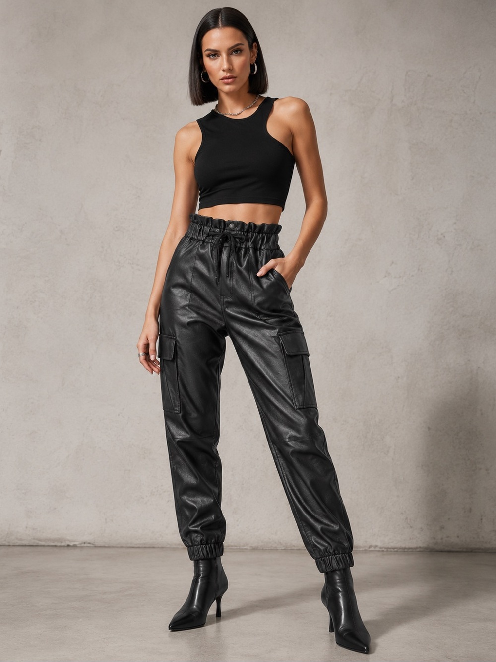 KanCan Rona Black Faux Leather Cargo Jogger Pants Ultra High Rise Size M